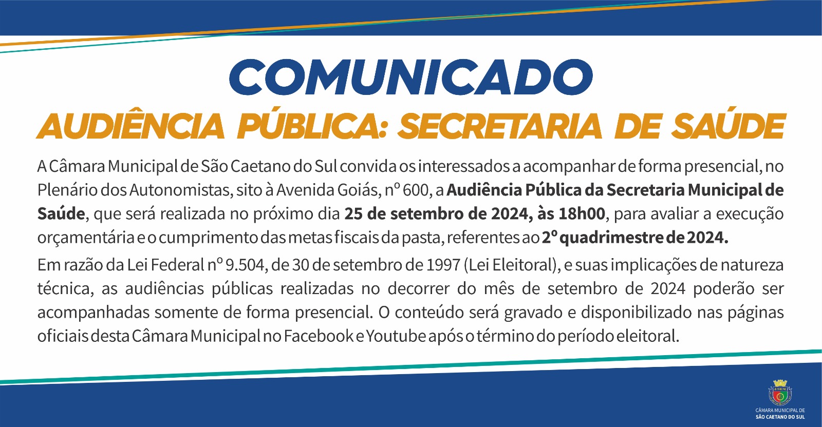 Comunicado - Audiência Pública - Secretaria de Saúde - 2º Quadrimestre de 2024