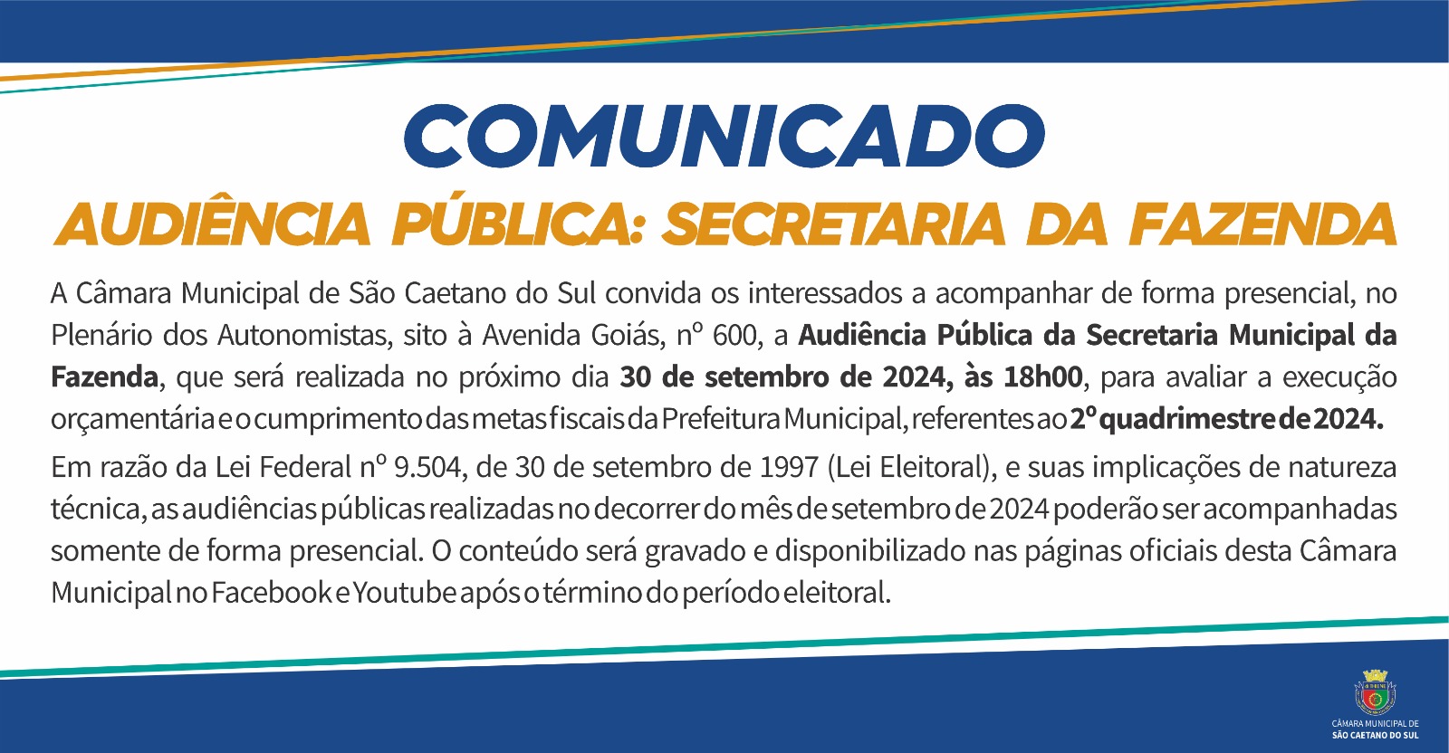 Comunicado - Audiência Pública - Secretaria da Fazenda - 2º Quadrimestre de 2024